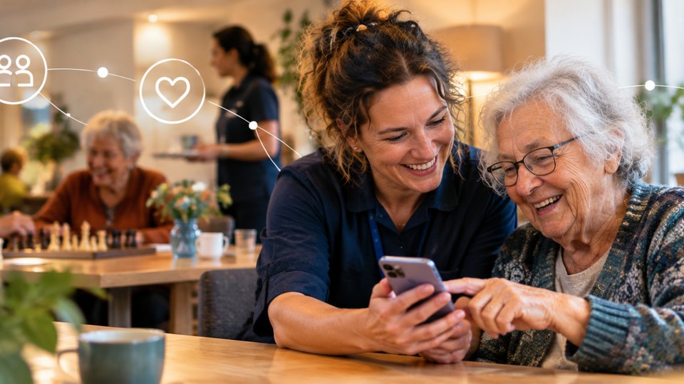 Een zorgmedewerker en een bewoonster kijken samen op een telefoon aan tafel, op de achtergrond spelen twee bewoners een partij schaak